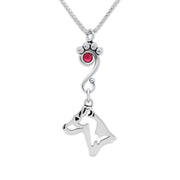 Jack Russell Terrier Necklace Head Design with Ruby Crystal in Sterling Silver on Box Chain.