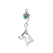 Jack Russell Terrier Pendant Head Design with Teal Crystal in Sterling Silver.