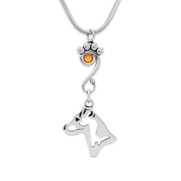 Jack Russell Terrier Necklace Head Design with Fox with Topaz Crystal in Sterling Silver on Snake Chain.