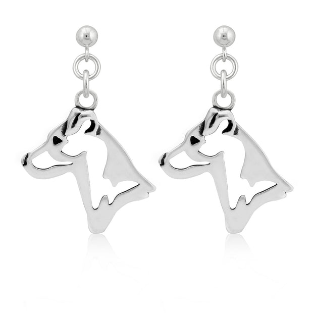 Jack Russell Terrier Earrings Smooth Coat Head Design in Sterling Silver in Dangle Post.