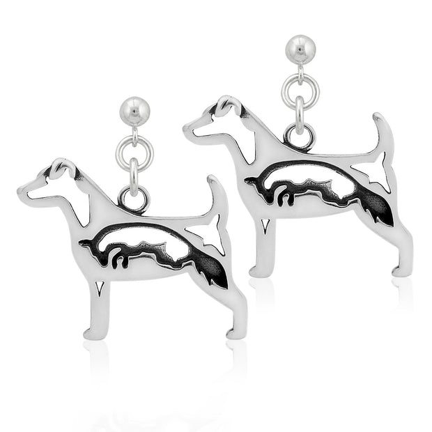 Jack Russell Terrier Earrings Body Design with Fox in Sterling Silver in Dangle Post.