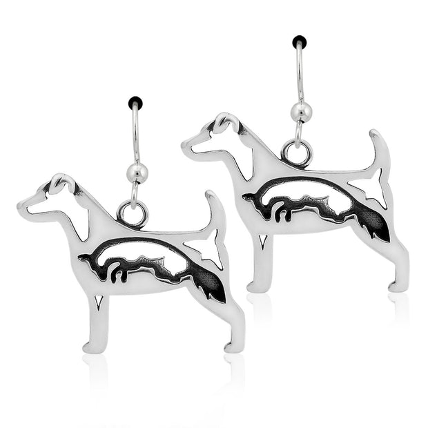 Jack Russell Terrier Earrings Body Design with Fox in Sterling Silver in French Hook.