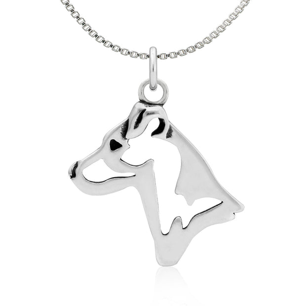 Jack Russell Terrier Necklace Smooth Coat Head Design in Sterling Silver on Box Chain.