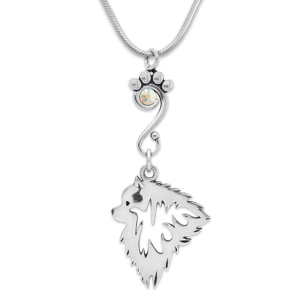 Keeshond Necklace Head Design with Aurora Borealis Crystal in Sterling Silver on Snake Chain.