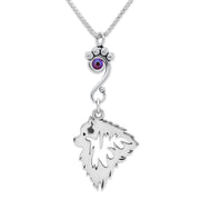 Keeshond Necklace Head Design with Fuchsia Crystal in Sterling Silver on Box Chain.