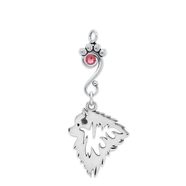 Keeshond Pendant Head Design with Rose Crystal in Sterling Silver.