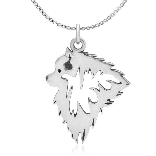 Keeshond Necklace Head Design in Sterling Silver on Box Chain.