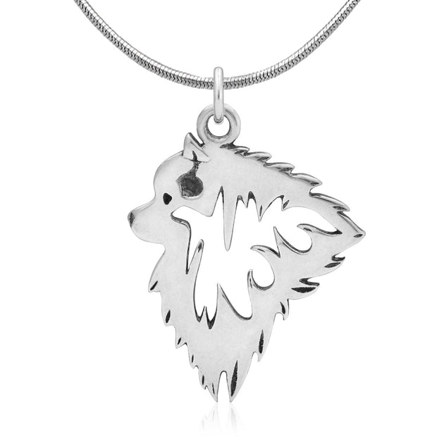 Keeshond Necklace Head Design in Sterling Silver on Snake Chain.