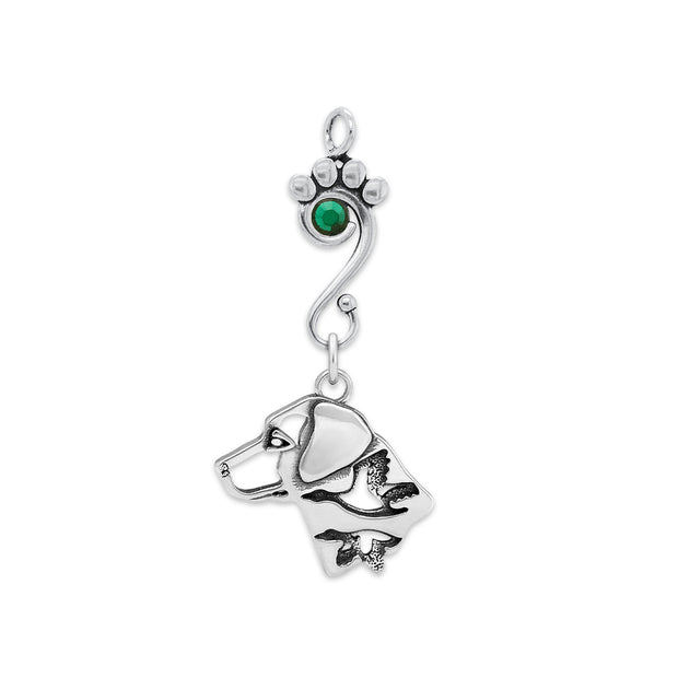 Labrador Retriever Pendant Head Design with Ducks with Emerald Crystal in Sterling Silver.