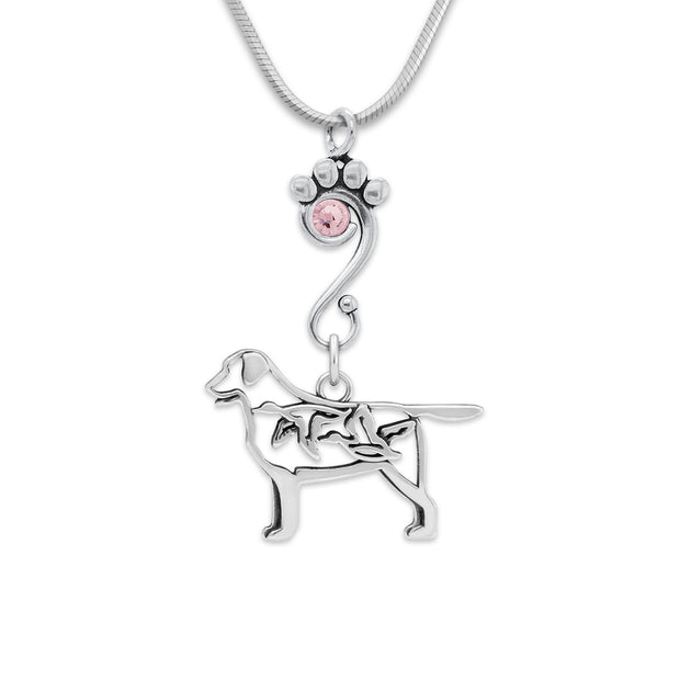 Labrador Retriever Necklace Body Design with Ducks with Light Amethyst Crystal in Sterling Silver on Snake Chain.