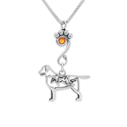 Labrador Retriever Necklace Body Design with Ducks with Topaz Crystal in Sterling Silver on Box Chain.