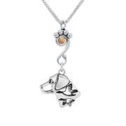 Labrador Retriever Necklace Head Design with Ducks with Rose Gold Crystal in Sterling Silver on Box Chain.