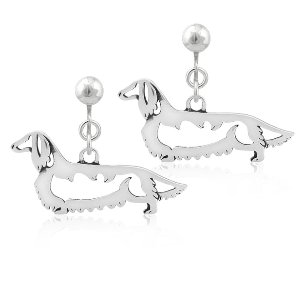 Longhaired Dachshund Clip-On Earrings Body Design in Sterling Silver.