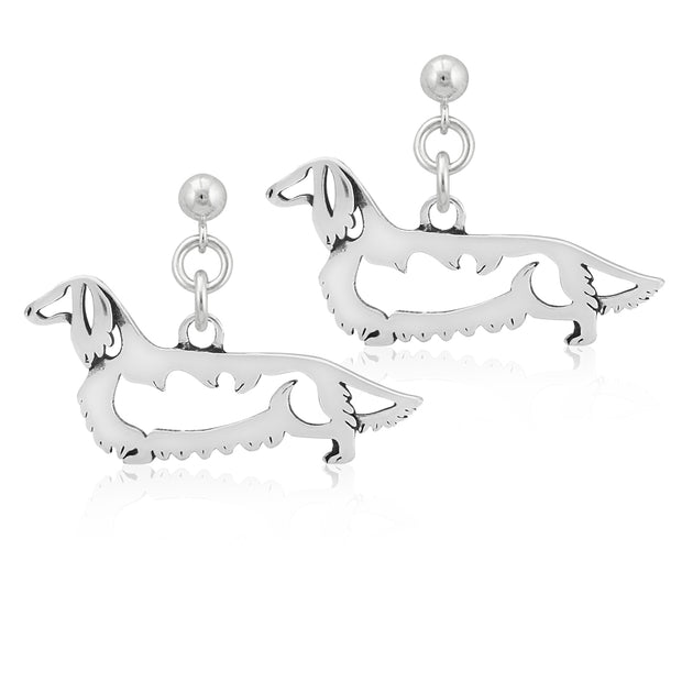 Longhaired Dachshund Earrings Body Design in Sterling Silver in Dangle Post.