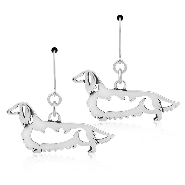 Longhaired Dachshund Earrings Body Design in Sterling Silver in Leverback.