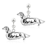 Longhaired Dachshund Clip-On Earrings Body Design with Badger in Sterling Silver.