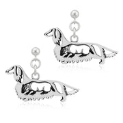 Longhaired Dachshund Earrings Body Design with Badger in Sterling Silver in Dangle Post.