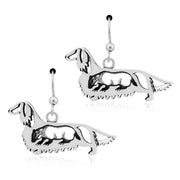 Longhaired Dachshund Earrings Body Design with Badger in Sterling Silver in French Hook.