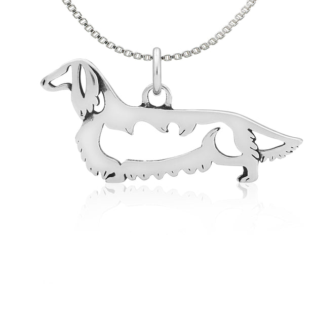 Longhaired Dachshund Necklace Body Design in Sterling Silver on Box Chain.