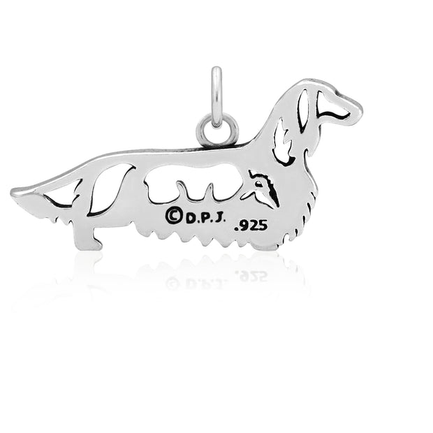 Longhaired Dachshund Pendant Body Design in Sterling Silver Back Side View.