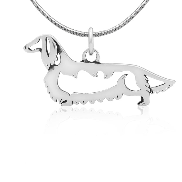 Dachshund Necklace Jewelry in Sterling Silver, Longhaired