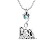 Maltese Necklace Body Design with Aquamarine Crystal in Sterling Silver on Snake Chain.