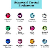 A 4x3 chart displaying 12 Swarovski birthstone crystals. January is deep red, February is purple, March is a bright pastel blue, April is a brilliant clear, May is deep green, June is pastel pink, July is a ruby red, August is a light electric green, September is a deep blue, October is pink, November is a brilliant yellow-orange, and December is a shimmering bright blue.