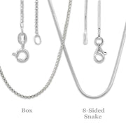 Close up image of a sterling silver box chain with spring ring clasp next to a sterling silver 8 sided snake chain with lobster clasp.