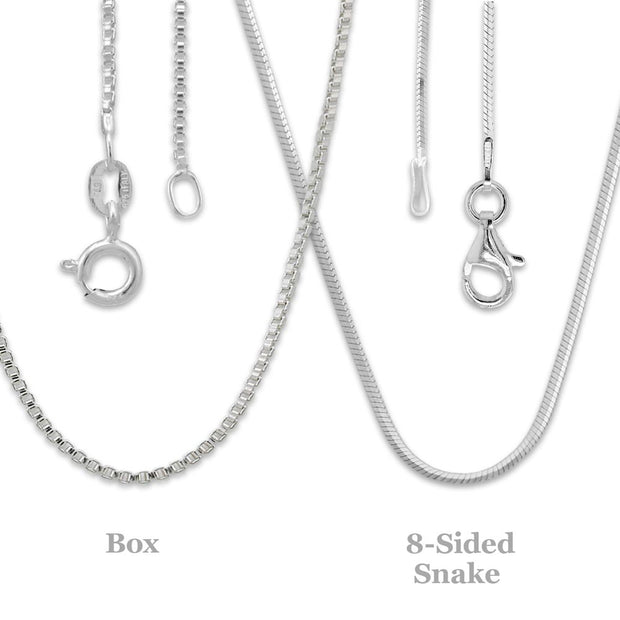 Close up image of a sterling silver box chain with spring ring clasp next to a sterling silver 8 sided snake chain with lobster clasp.