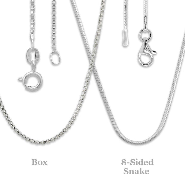 A close up image of a sterling silver 8 sided snake chain with a lobster clasp.