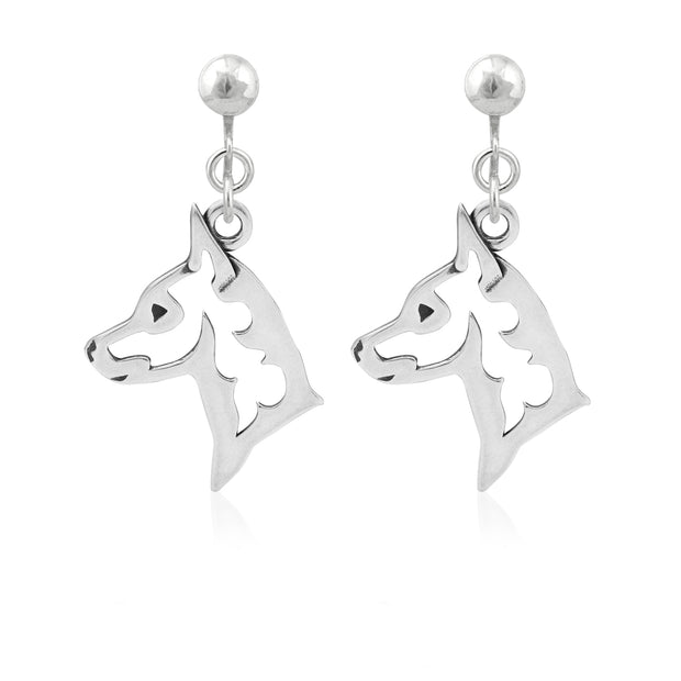 Miniature Pinscher Clip-On Earrings Head Design in Sterling Silver.