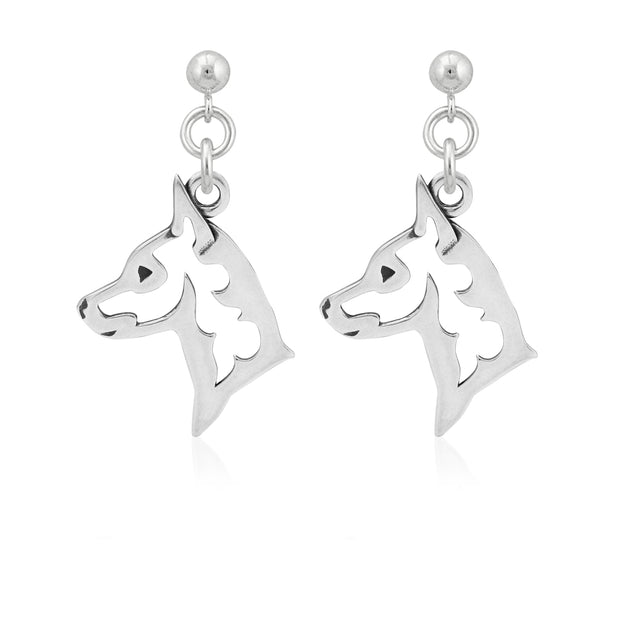 Miniature Pinscher Earrings Head Design in Sterling Silver in Dangle Post.