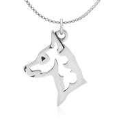 Miniature Pinscher Necklace Head Design in Sterling Silver on Box Chain.