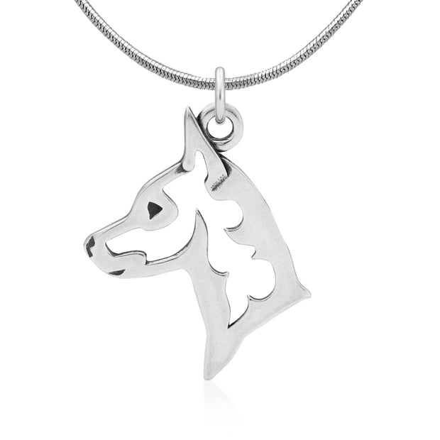 Miniature Pinscher Necklace Head Design in Sterling Silver on Snake Chain.