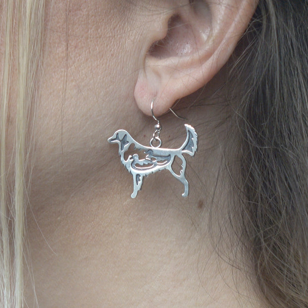 Nova Scotia Duck Tolling Retriever Earrings Body Design in Sterling Silver on Model.