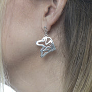 Nova Scotia Duck Tolling Retriever Earrings Head Design in Sterling Silver on Model.