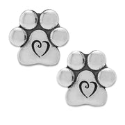 Paw Print with Heart Scroll Post Earrings in Sterling Silver.