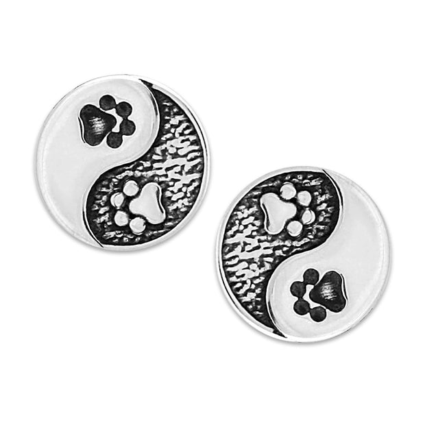 Paw Print Post Earrings with Yin and Yang Design in Sterling Silver.