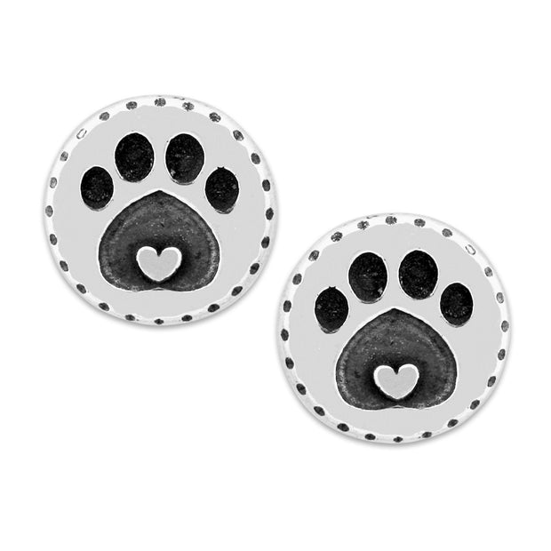 Paw Print with Heart Post Earrings in Sterling Silver.