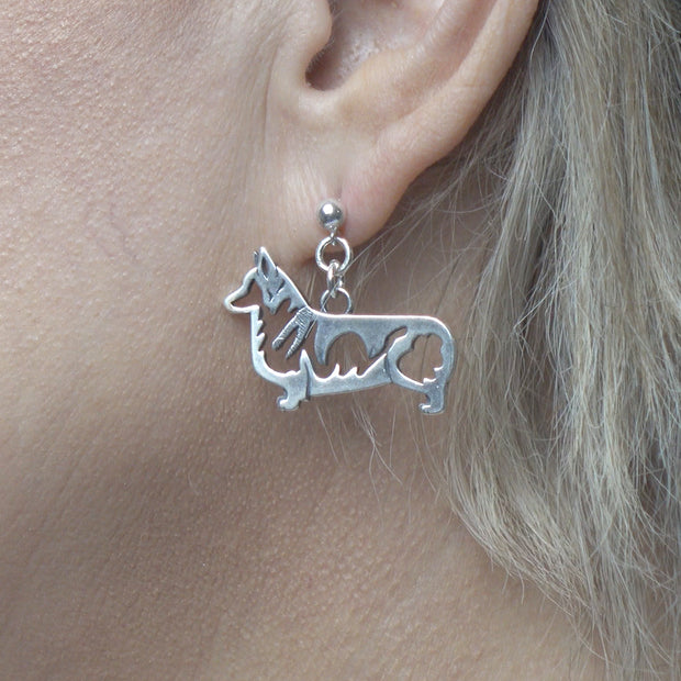 Pembroke Welsh Corgi Earrings Body Design in Sterling Silver on Model.