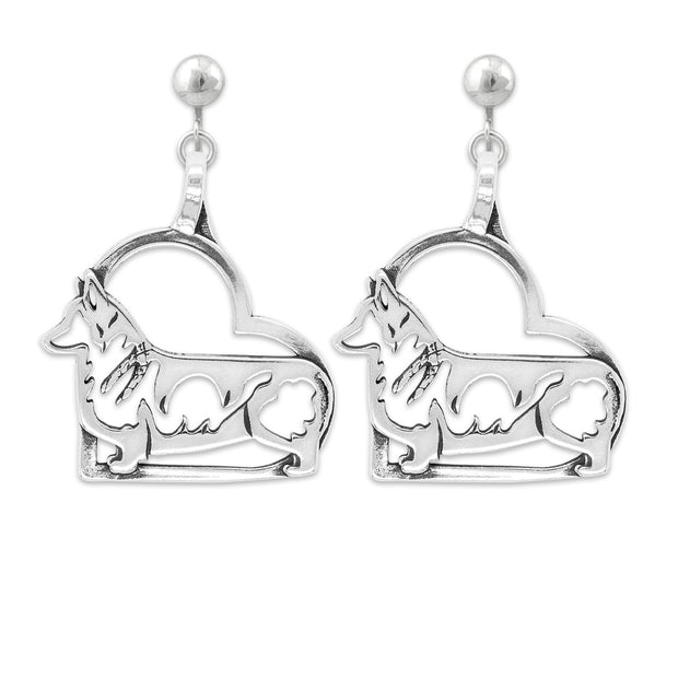 Pembroke Welsh Corgi Heart Clip-On Earrings Body Design in Sterling Silver.