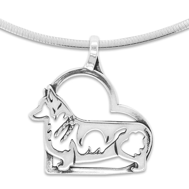 Pembroke Welsh Corgi Heart Necklace Body Design in Sterling Silver on Snake Chain.