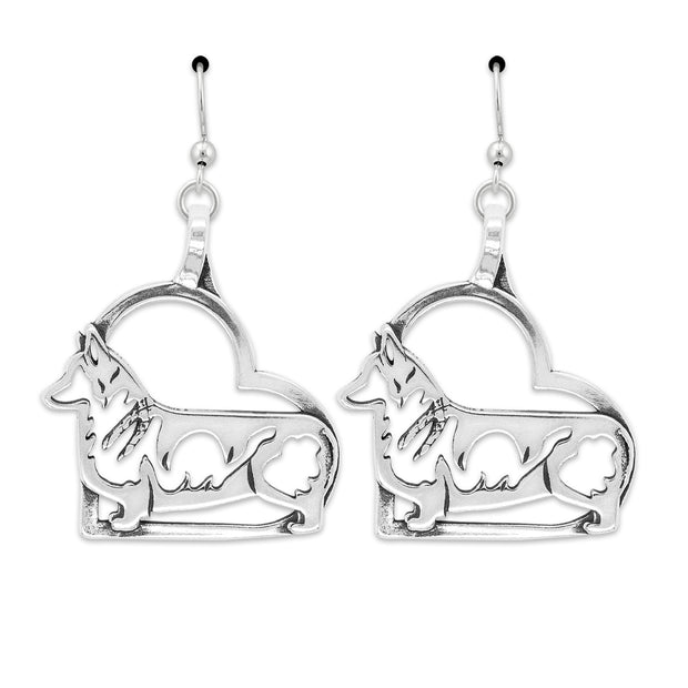 Sterling Silver Pembroke Welsh Corgi in Heart Earrings