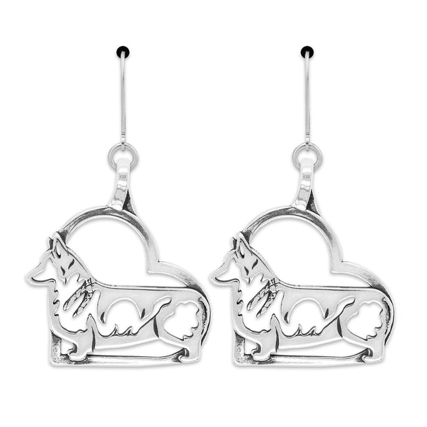 Sterling Silver Pembroke Welsh Corgi in Heart Earrings