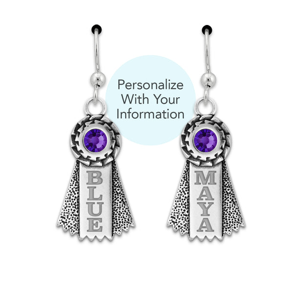Personalized Crystal Ribbon Earrings in Sterling Silver, Award Jewelry