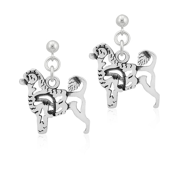 Portuguese Water Dog Earrings Body Design with Lion Cut and Fish in Sterling Silver in Dangle Post.