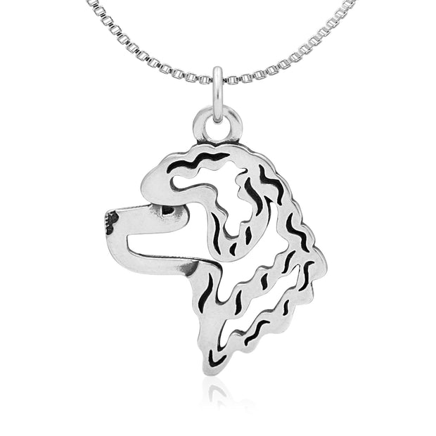 Portuguese Water Dog Necklace Head Design in Sterling Silver on Box Chain.