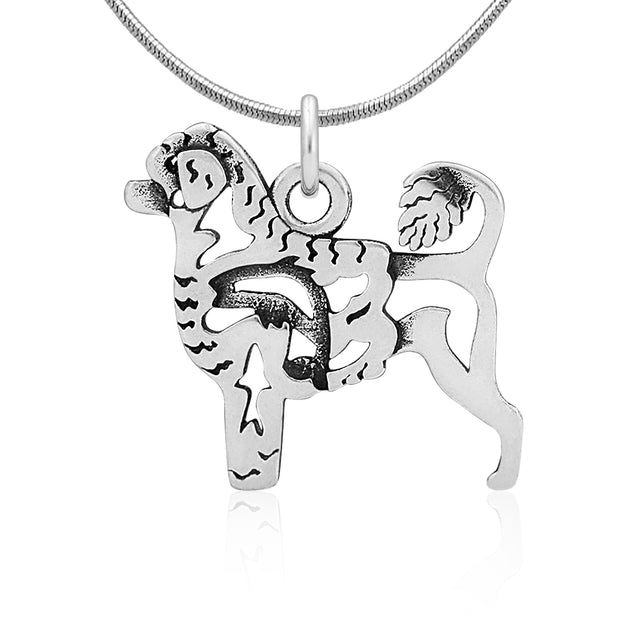 Portuguese Water Dog Necklace Body Design with Lion Cut and Fish in Sterling Silver on Snake Chain.