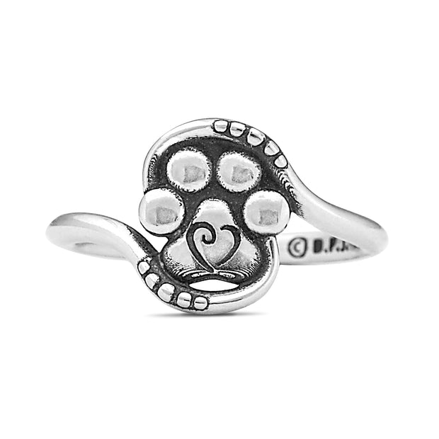 Paw Print with Heart Scroll Ring in Sterling Silver.