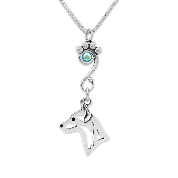 Rat Terrier Necklace Head Design with Crystal in Sterling Silver on Box Chain.